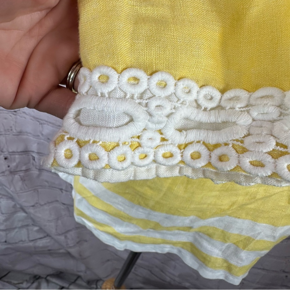 luxury linen charter club yellow stripe tunic sz small white crochet lace collar - Picture 4 of 7